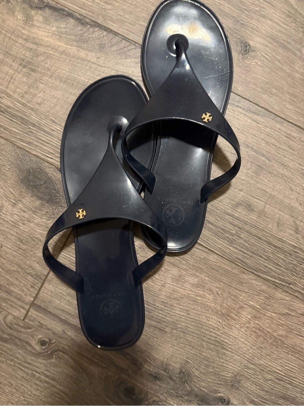 Tory Burch Navy Jelly Logo Thong Sandals with Gold Emblem
